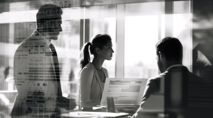 A group of three people in formal business attire conversing around a table at a business meeting in an office, the image is slightly obscured reflections on glass.