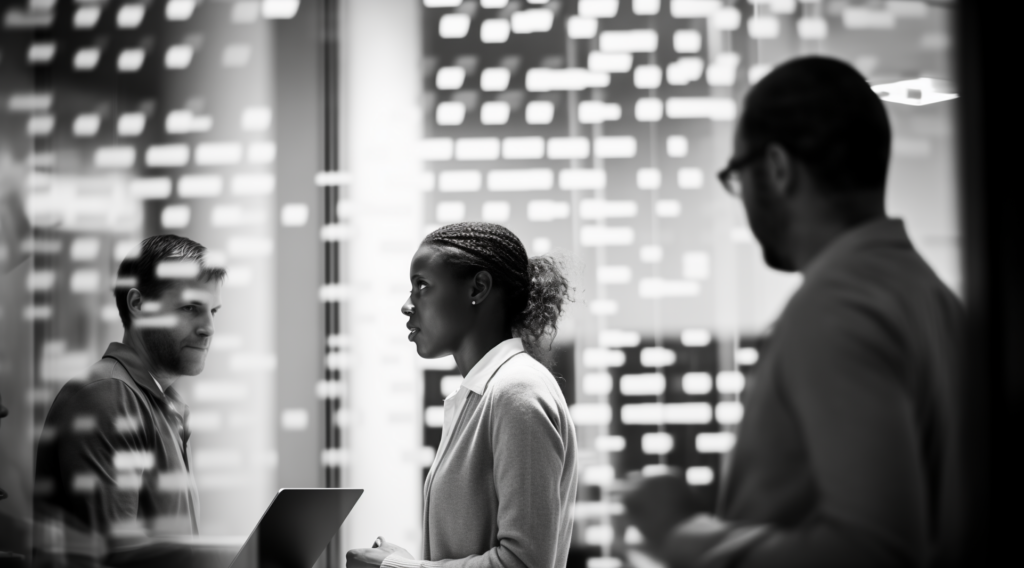 A group of three people in casual business attire, two of whom are looking at an unseen image or presentation on the wall. Glass with reflections obscures part of the image.