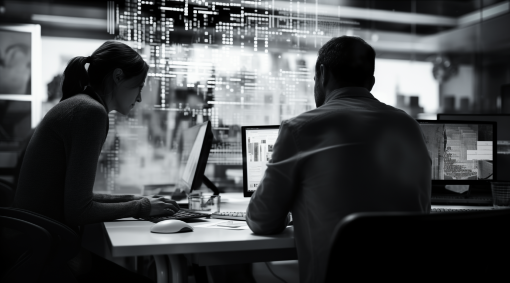 A group of two people in casual business attire, two of whom are looking at a computer screen, in a dimly lit room. Behind them is glass with patterns etched into it.