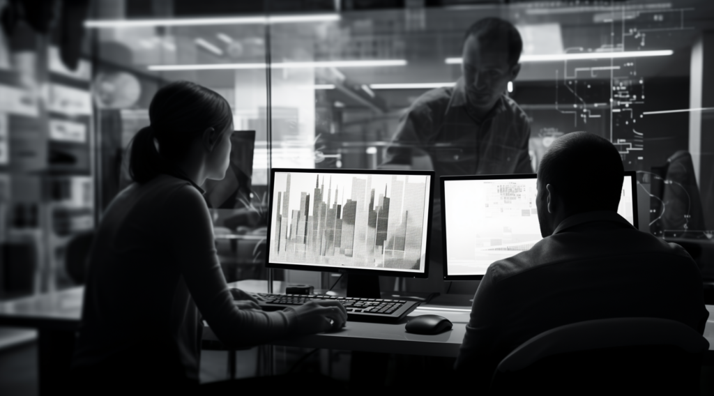 A group of three people in casual business attire, two of whom are looking at a computer screen, in a dimly lit room. One is behind the monitors, behind him is glass with patterns etched into it.